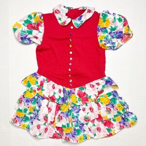 Vintage 80s Randi Tara‎ Girls Dress Size 10 Red Floral Puff Sleeve Ruffle Hem